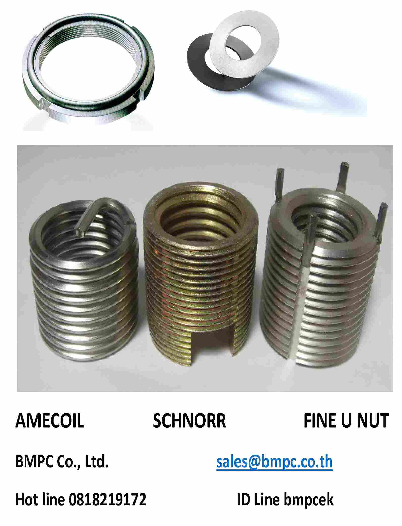 Amecoil thread insert, Schnorr disc spring, Fujiclok all metal lock nut