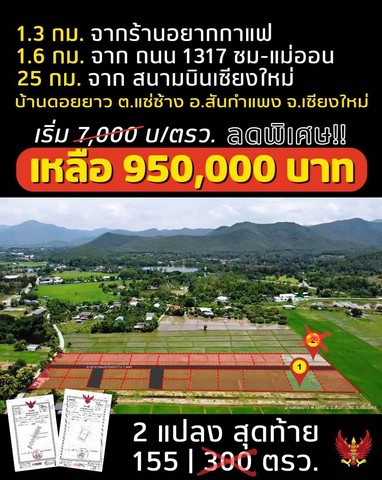 ขายที่ดินเริ่ม155ตรว.950,000บาท รวมโอน สาธารณูปโภคและถมที่ ต.แช่ช้าง อ.สันกำแพง เชียงใหม่
